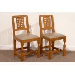 Craftsman made pair oak dining chairs, carved lattice back, upholstered drop in seats,
