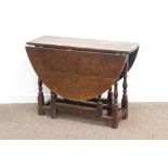 18th century oak drop leaf table, frieze drawer, turned gate legs,