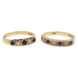 Two gold diamond and sapphire rings,