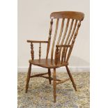 19th century elm and beech farmhouse armchair, dished elm seat, turned supports,