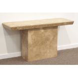 Contemporary marble effect console table, rectangular top on single pedestal base, 136cm x 45cm,