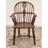 19th century and later yew wood and elm Windsor armchair, low stick and pierced splat back,