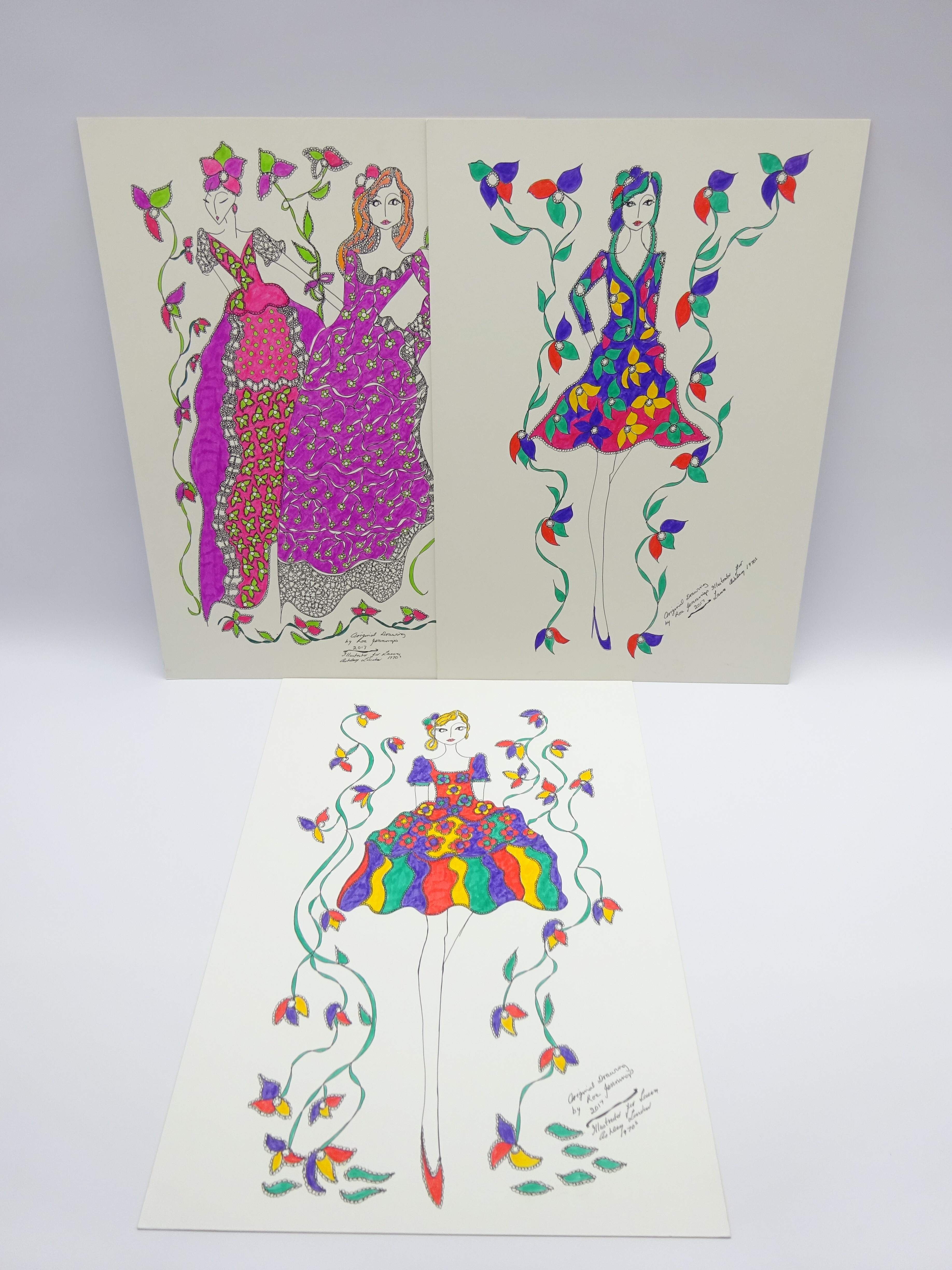 Six large original Fashion Illustrations by Roz Jennings, Illustrator for Laura Ashley, London c. - Image 2 of 3