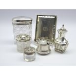 William IV silver dressing table box lid, 3 silver mounted glass dressing table jars,