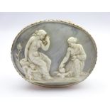 George III silver gilt oval vinaigrette the hinged cover mounted with a carved cameo panel of
