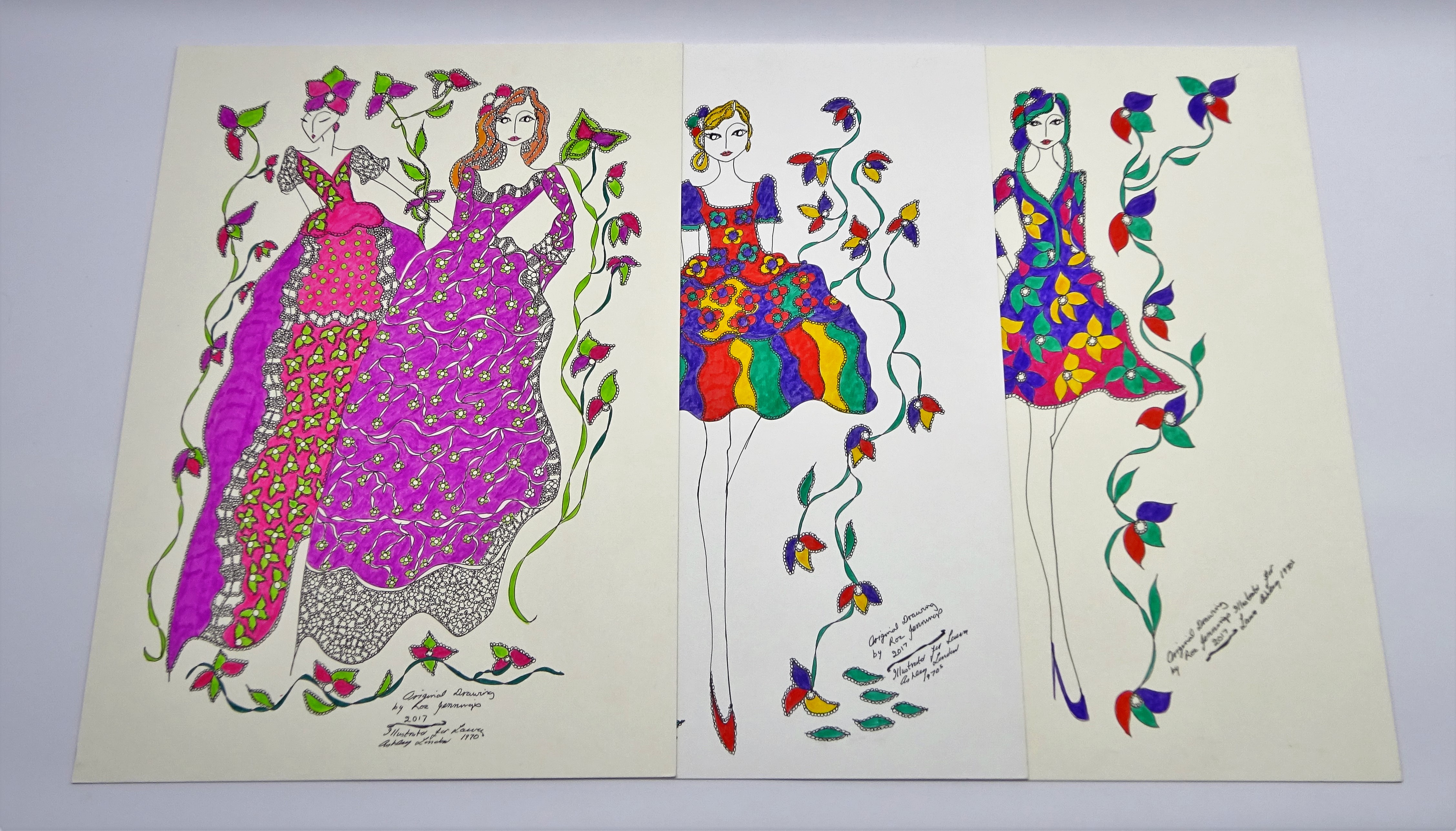 Six large original Fashion Illustrations by Roz Jennings, Illustrator for Laura Ashley, London c. - Image 3 of 3