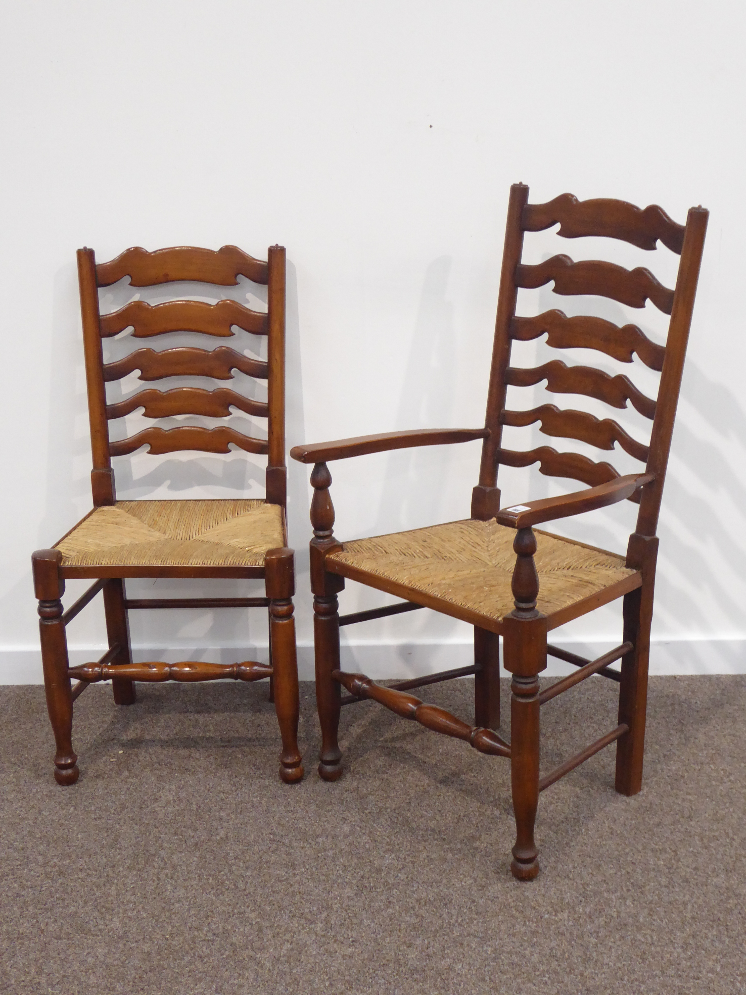 Set eight (6+2) stained beech country style ladder back dining chairs, rush seats, - Image 2 of 6