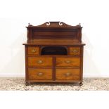 Edwardian oak buffet sideboard, scrolled cresting rail with shell and foliage relief carving,