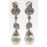 Pair of 18ct white gold diamond and South Sea pearl pendant ear-rings,