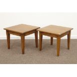 Pair oak square top coffee tables, 61cm x 61cm,