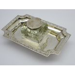 Silver oblong inkstand with pierced border fitted with a glass block inkwell Birmingham 1914