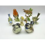 Seven Goebel birds including a Robin, Blue Tit,