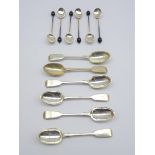Set of 6 Edwardian silver fiddle pattern teaspoons London 1902 and 6 silver bead knop coffee spoons