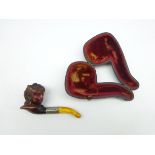 Victorian carved meerschaum and amber pipe with engraved white metal mount,