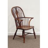 19th century yew and elm high back Windsor armchair, stick and splat back with turned roundel,