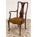 Edwardian mahogany armchair, cresting rail carved with shell, vase shaped splat,