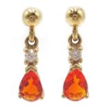 Pair of 9ct gold fire opal and diamond pendant ear-rings,