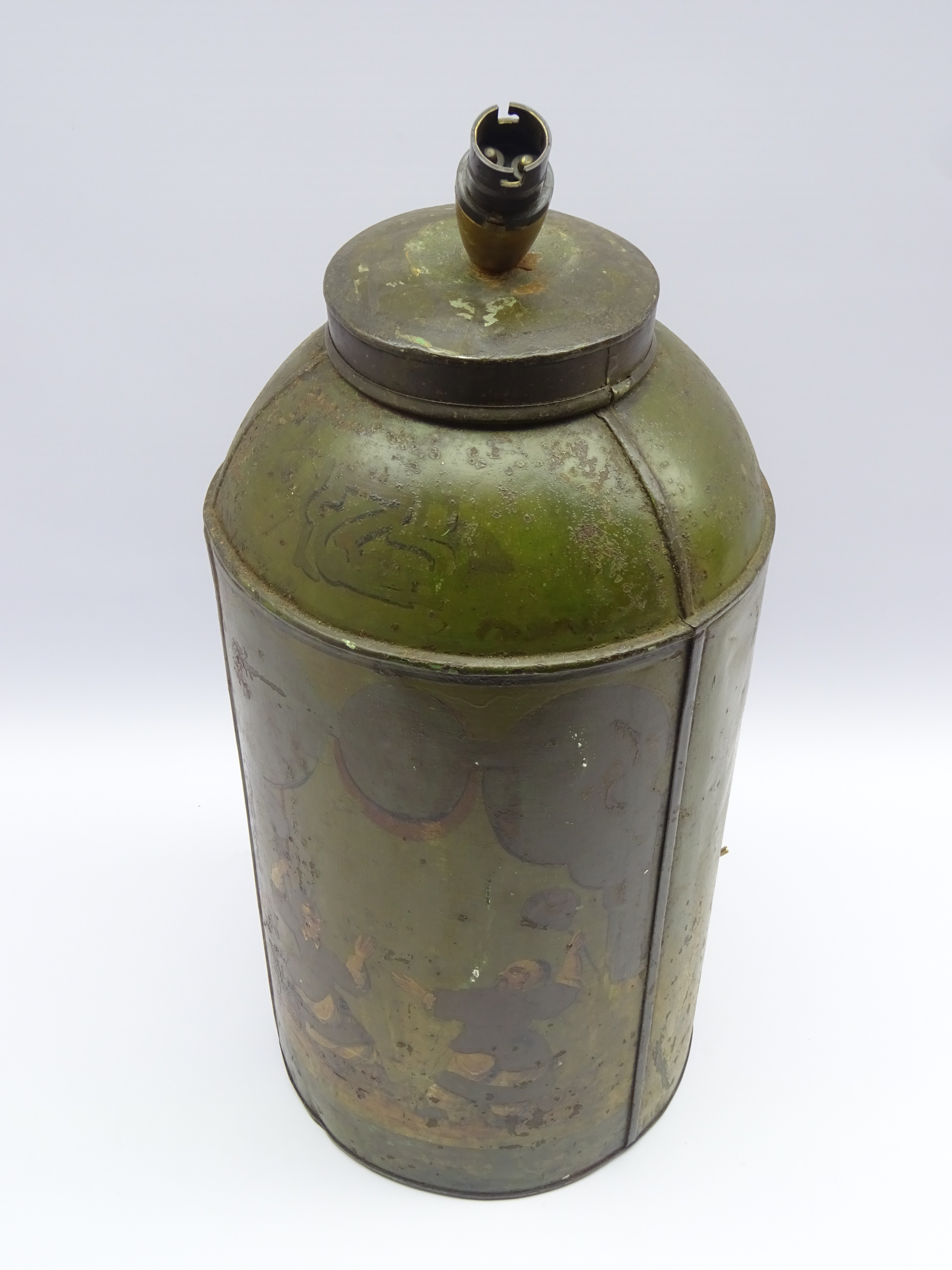 19th century Toleware tea canister, of cylindrical form painted with figures on green ground, - Image 3 of 3