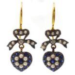 Pair of sapphire and seed pearl heart shaped pendant ear-rings Condition Report & Further