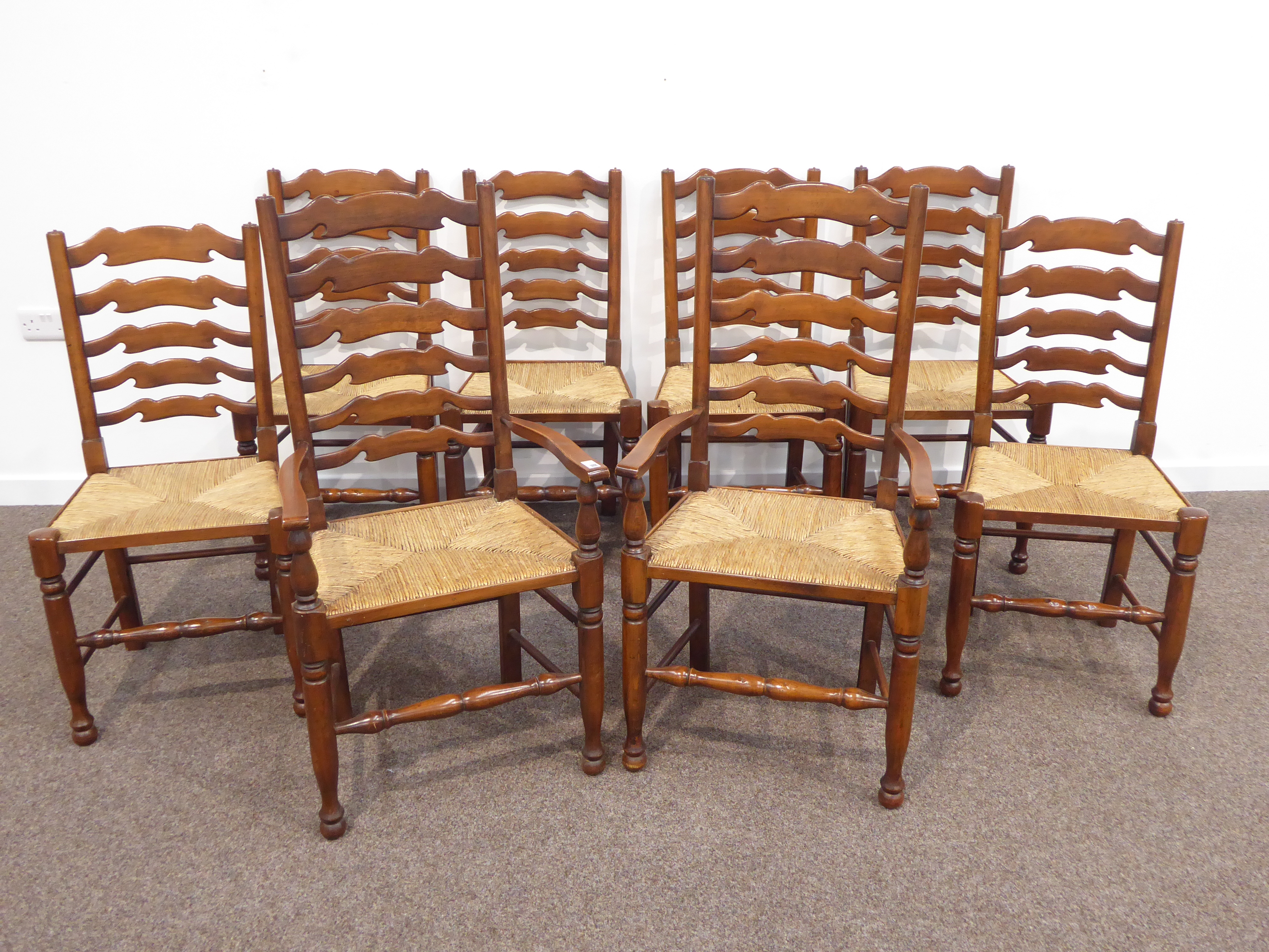 Set eight (6+2) stained beech country style ladder back dining chairs, rush seats, - Image 4 of 6