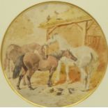 19th Century English School circular watercolour of horses outside a stable inscribed in pencil on