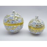 Pair graduating Herend reticulated trinket jars decorated with roses and other flowers with
