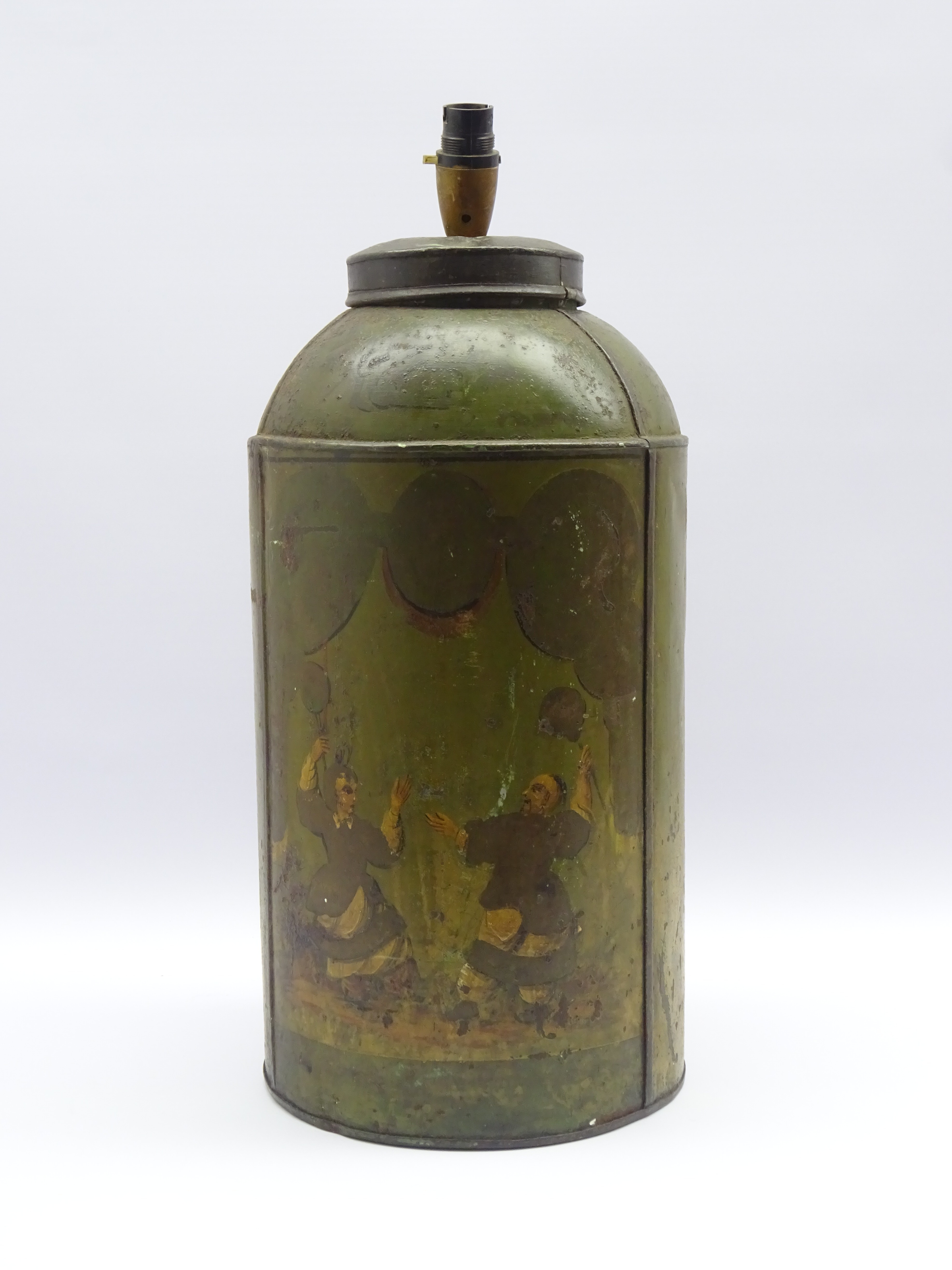 19th century Toleware tea canister, of cylindrical form painted with figures on green ground,