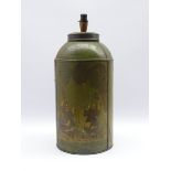 19th century Toleware tea canister, of cylindrical form painted with figures on green ground,