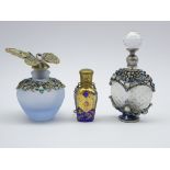 Blue glass scent bottle with gilding and brass mounts and two modern filigree scent bottles