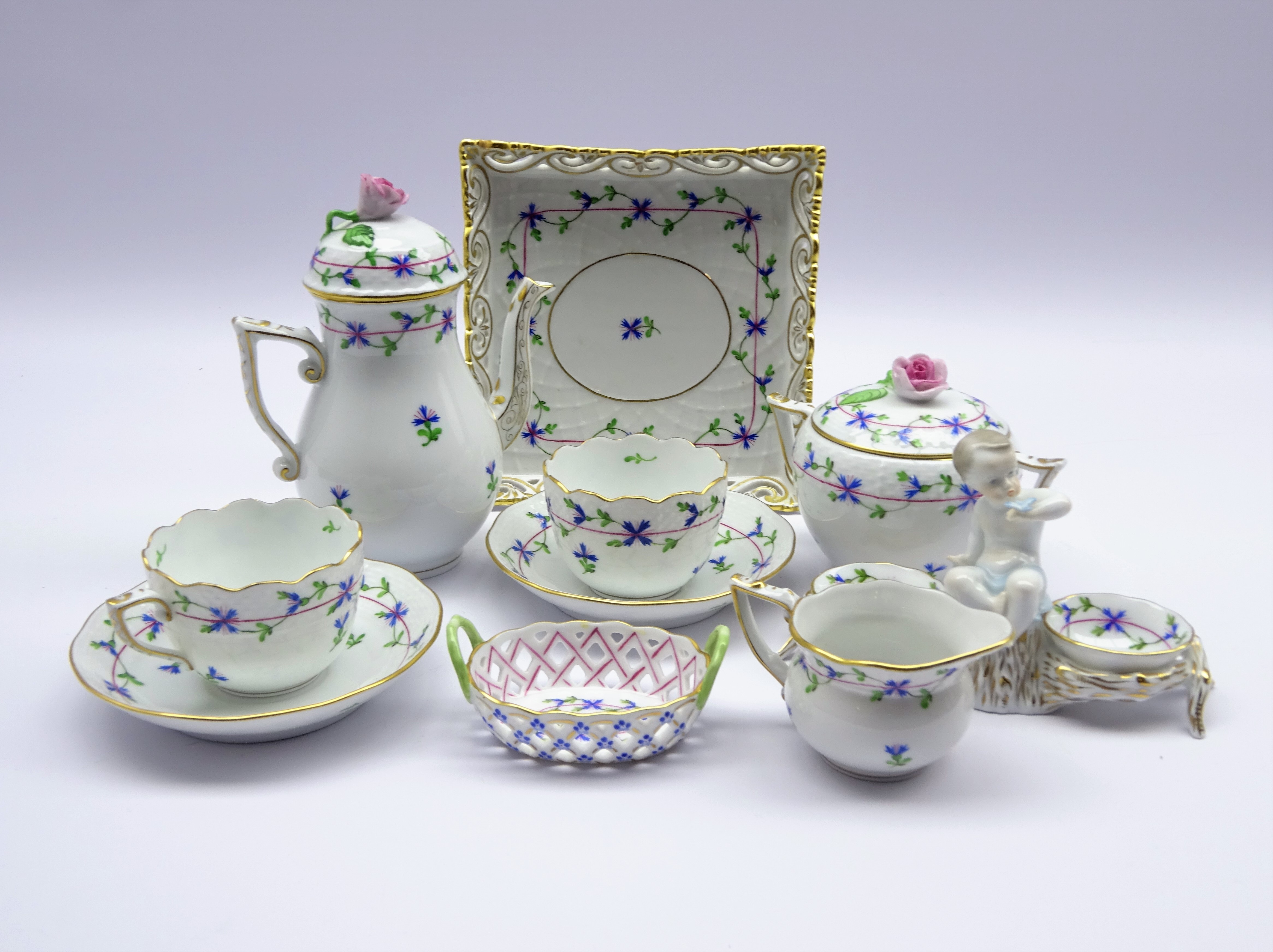 Herend 'Cornflower Garland' coffee ware comprising two cups and saucers, hot water pot, cream jug,