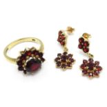 9ct gold garnet cluster ring and pair of similar ear-rings,