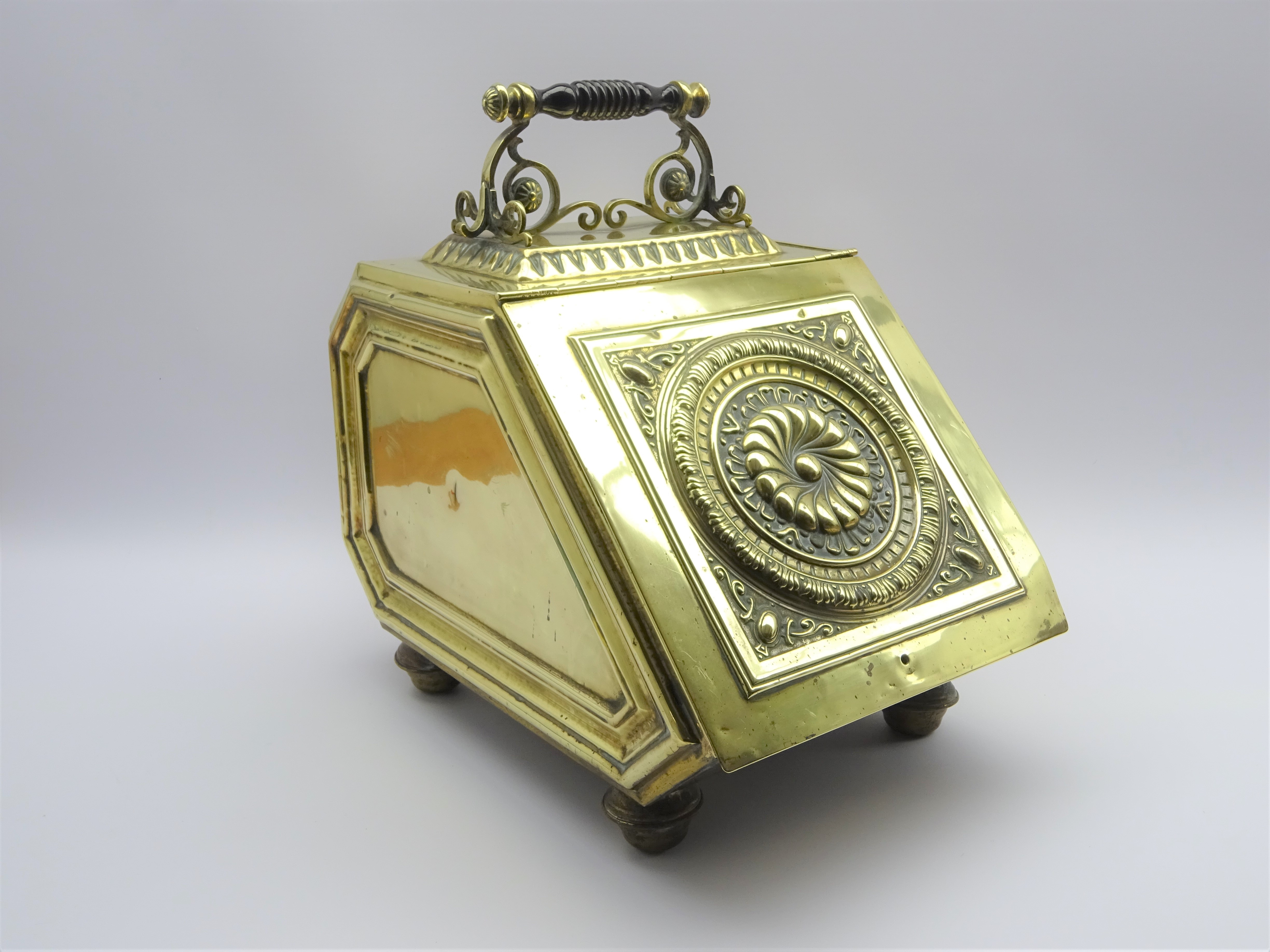 Victorian brass coal scuttle with embossed drop lid,