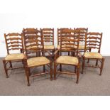 Set eight (6+2) stained beech country style ladder back dining chairs, rush seats,