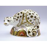 Royal Crown Derby paperweight 'Snow Leopard' with gold stopper and box,