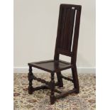 17th century oak chair, fielded panelled high back, angular moulded back support and legs,