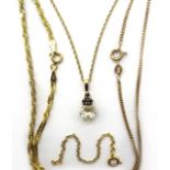 Three 9ct gold necklace chains and heart pendant,