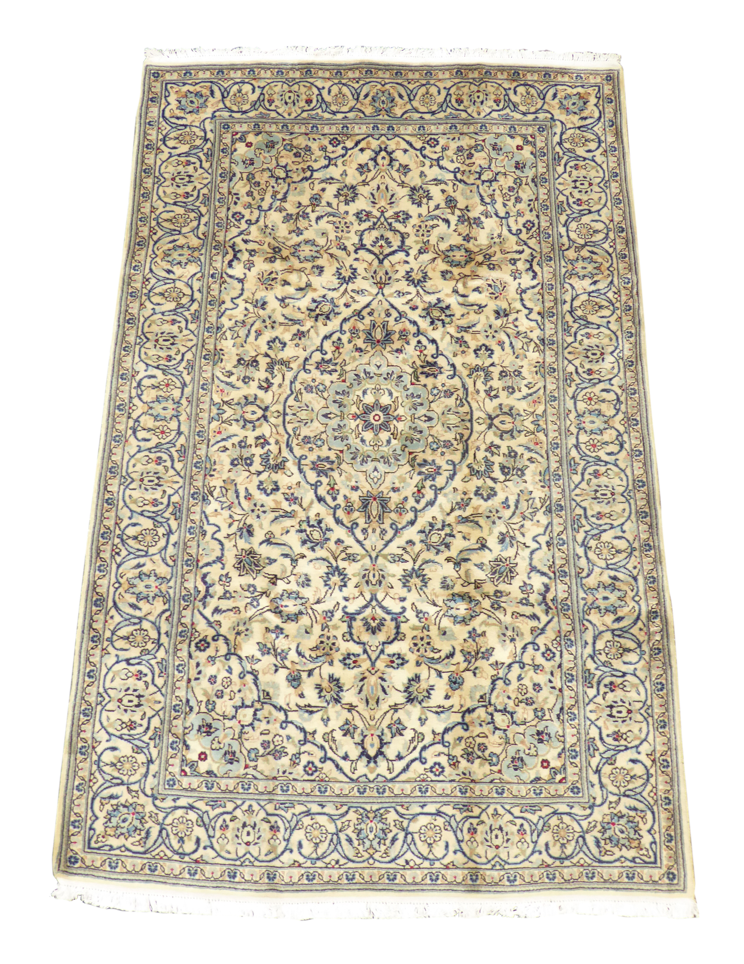 Persian Kashan rug, ivory ground with blue interlacing design,