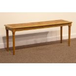 French style painted bench, rectangular cane work top, turned fluted supports, 122cm x 36cm,