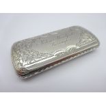 Victorian silver snuff box with gilded interior and engraved decoration inscribed 'John Threlfall,