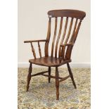 19th century beech farmhouse armchair, dished seat, on turned supports,