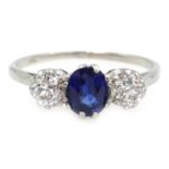 Platinum three stone diamond and sapphire ring, stamped PL, diamonds approx 0.