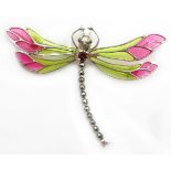 Silver plique-a-jour and marcasite dragonfly brooch,