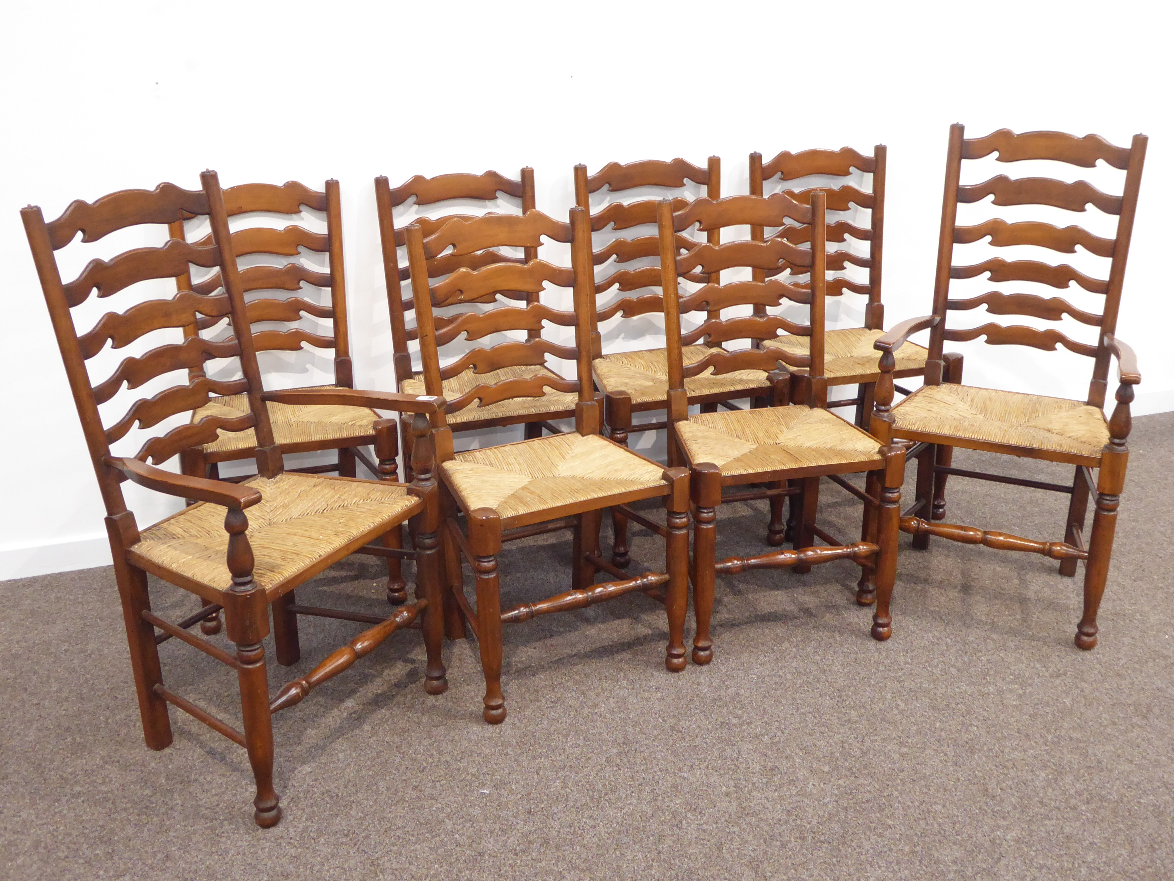 Set eight (6+2) stained beech country style ladder back dining chairs, rush seats, - Image 5 of 6