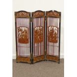 Chinese lacquered three panel folding screen, carved with birds and flowers, W93cm,