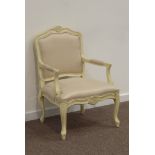 French style cream painted armchair with carved detail,