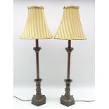 Pair French style table lamps with spiral columns and acanthus leaf molded base with shades,
