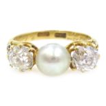 Edwardian gold three stone diamond and pearl mourning ring, with enamelled shoulders, stamped 18ct,