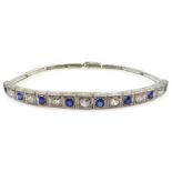 Art Deco white gold diamond and sapphire expanding bracelet, stamped 18ct,