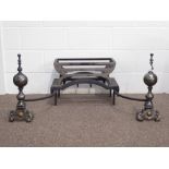 Contemporary fire basket and andirons, tooled and polished metal,