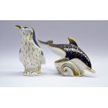 Two Royal Crown Derby paperweights 'Fairy Penguin', boxed and 'Dolphin',